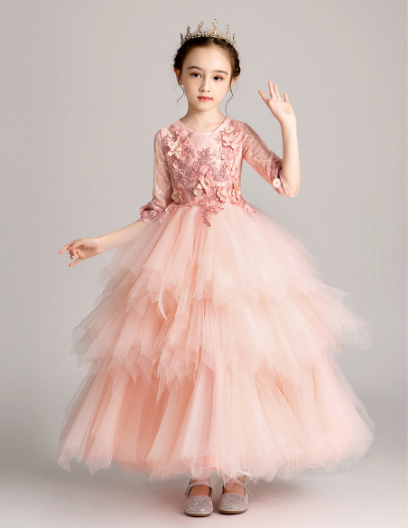 フラワーガール ピンク チュール チュチュ サテン レース 子供 長袖 ロング ドレス