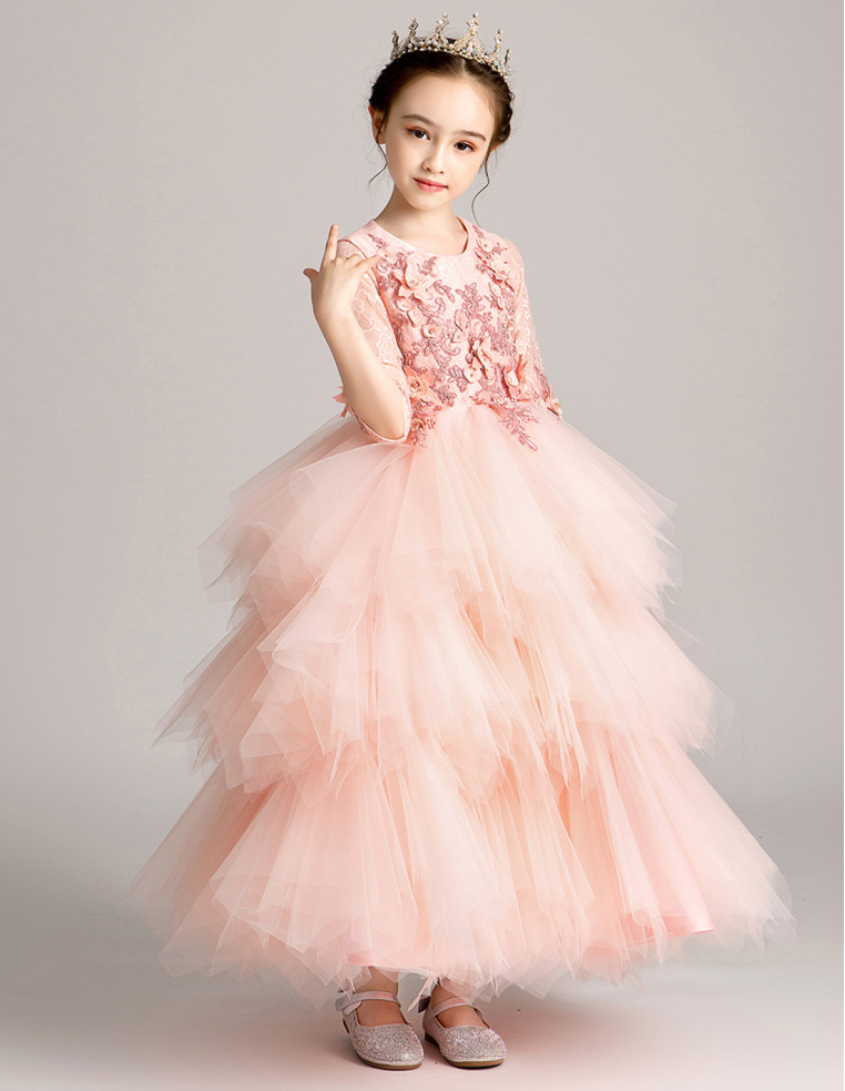 フラワーガール ピンク チュール チュチュ サテン レース 子供 長袖 ロング ドレス