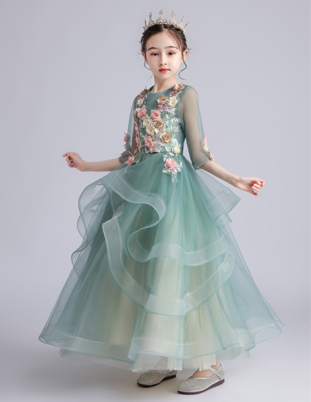 フラワーガール モスグリーン チュール フラワー レース 子供 長袖 ロング ドレス