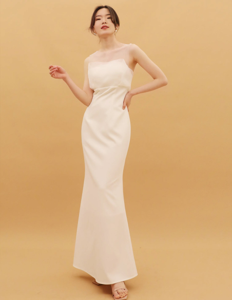 既製 オーダーメイド オーガンジー サテン マーメイドライン ウェディングドレス 二次会パーティドレス