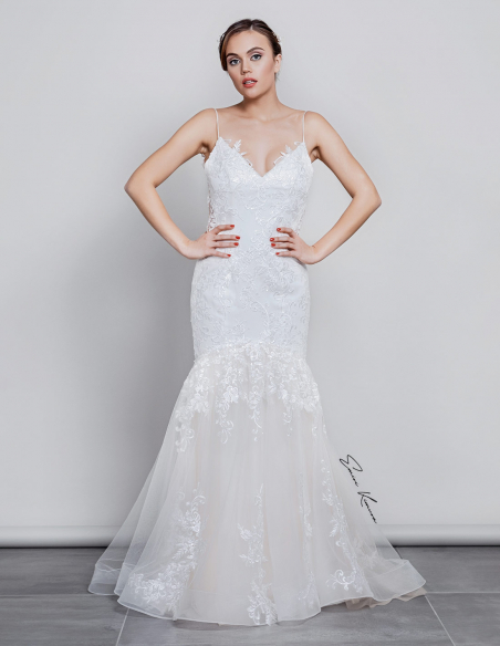 スパゲティストラップ シャンパン ハートネック レース チュール オフホワイト ウェディングドレス