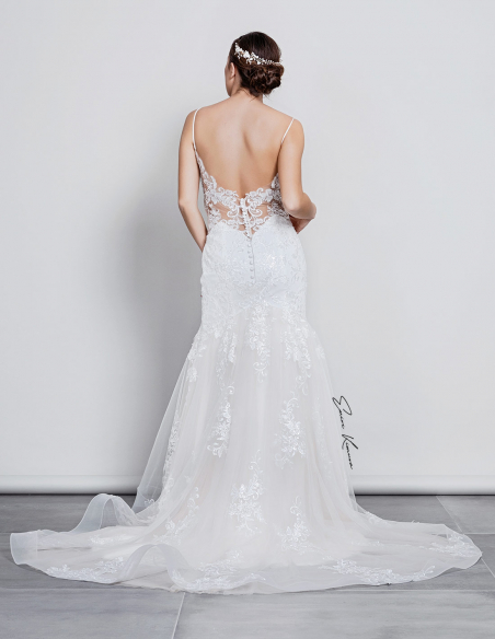 スパゲティストラップ シャンパン ハートネック レース チュール オフホワイト ウェディングドレス