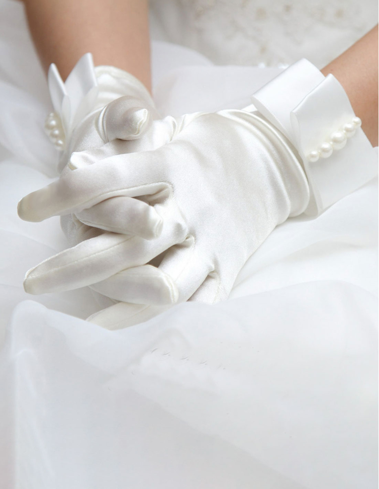 サテン ショート リボン パール 結婚式 ウェディング ブライダル グローブ