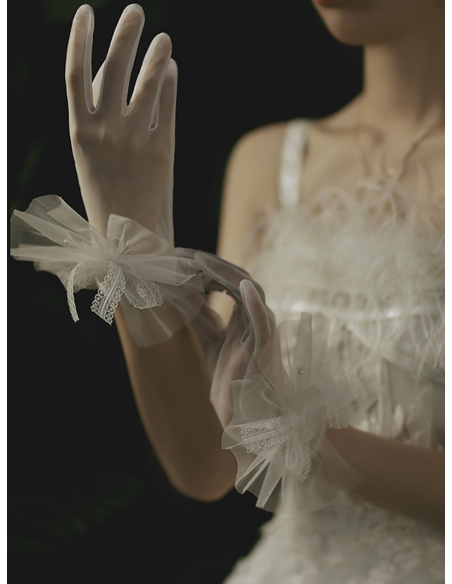 チュール 大ぶりリボン パール 結婚式 ウェディング ブライダル ショートグローブ