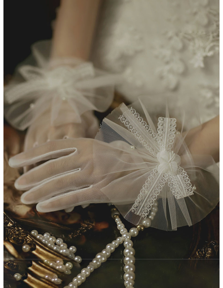 チュール 大ぶりリボン パール 結婚式 ウェディング ブライダル ショートグローブ