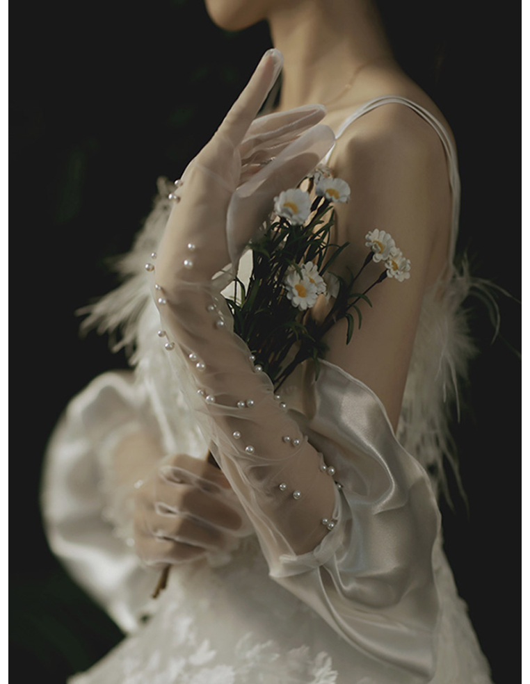 チュール サテン フリル パール 結婚式 ブライダル ロンググローブ