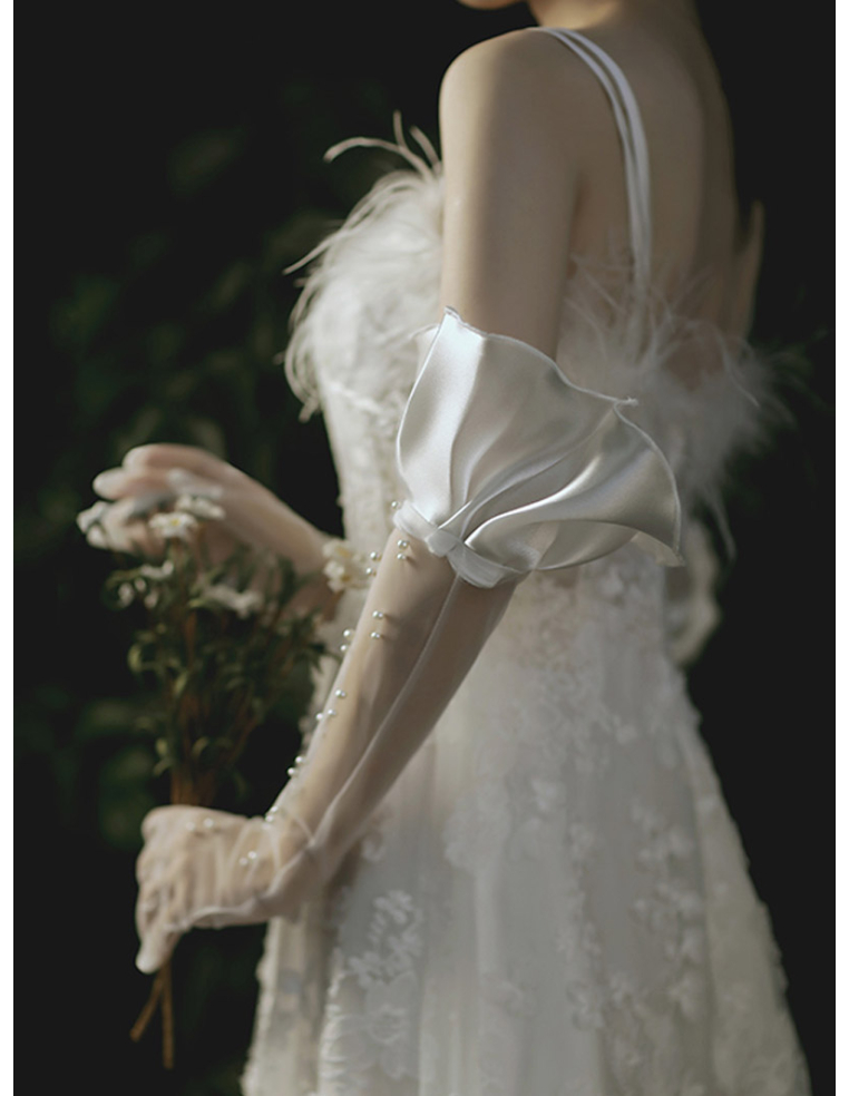 チュール サテン フリル パール 結婚式 ブライダル ロンググローブ