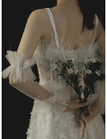 チュール フリル ビジュー 取り外し可能 スリーブ 結婚式 ウェディング ブライダル ミディアムグローブ